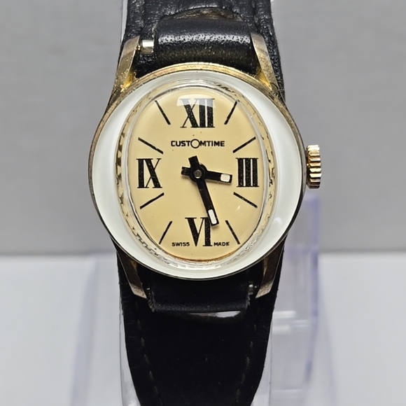 Womens Vintage Retro Mechanical Customtime Fish Eye Gold Black Manual Watch Runs - Picture 1 of 13